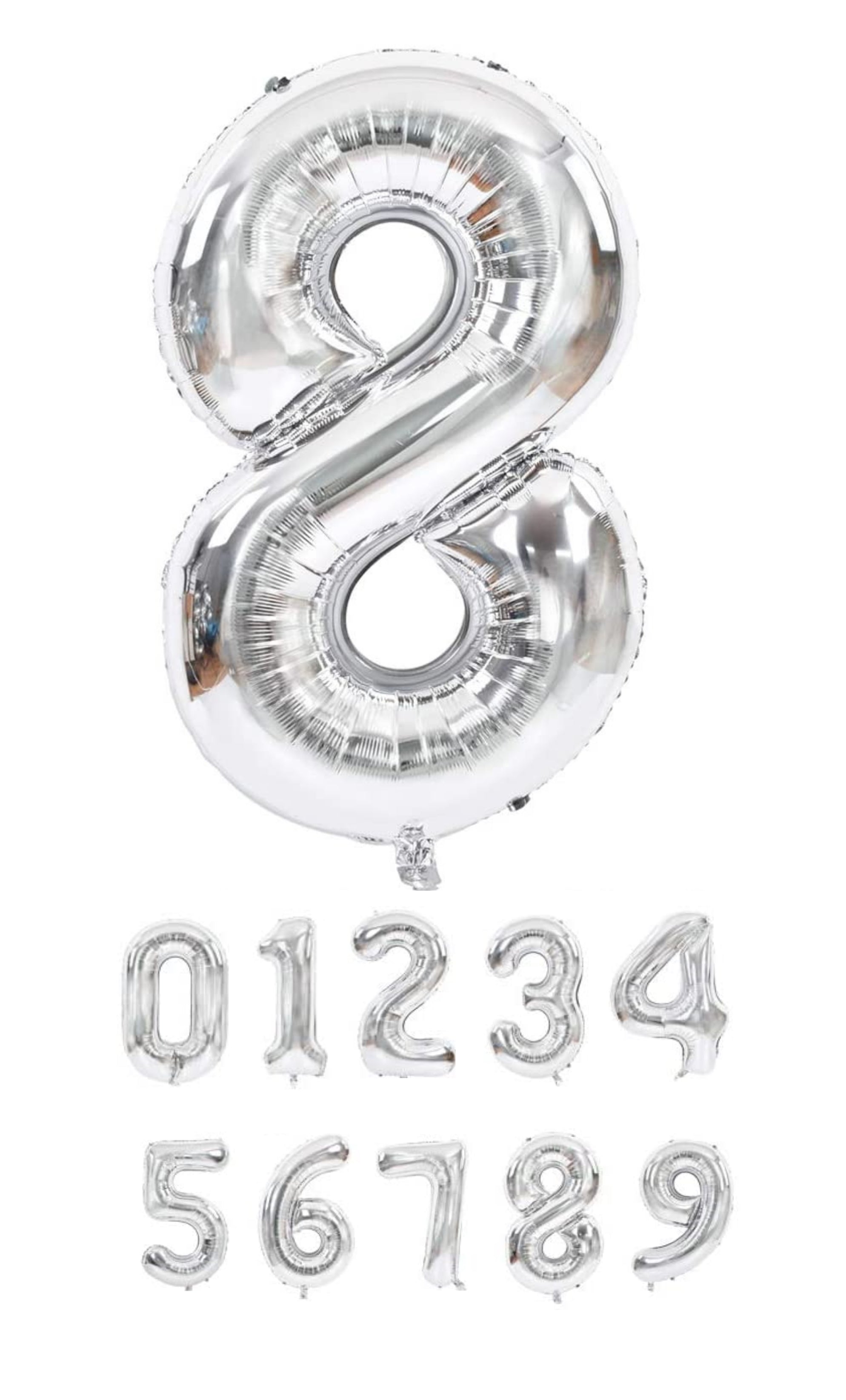 100 cm silverfärgade sifferballonger (0–9) för födelsedagar, fester och jubileer. Stora uppblåsbara folieballonger. 🎈