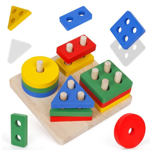 Staplingsleksak i trä – geometriska block & färger